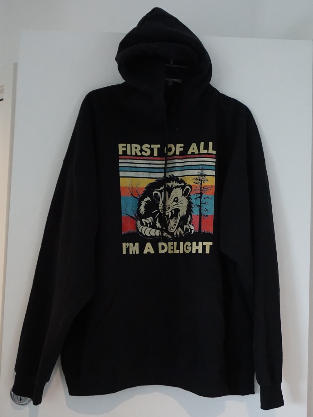 Gildan Black Graphic Hoodie with Retro Stripes and Possum Design